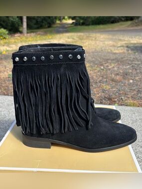 Michael Kors Billy Black Suede Studded Fringe Boots 7.5